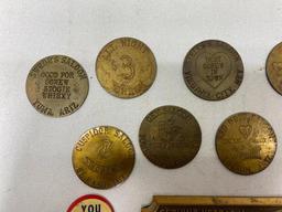 Brass Whorehouse Brothel Tokens, Omaha Chicago Lumber Paperweight, Pin Back & Ribbon