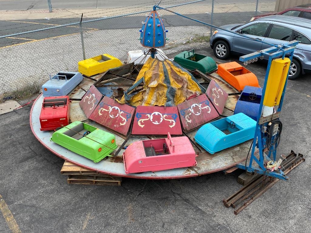 1950's Era Kiddie Carnival Ride, Complete with Ten Pressed Steel 1940's Looking Multi-Colored Cars