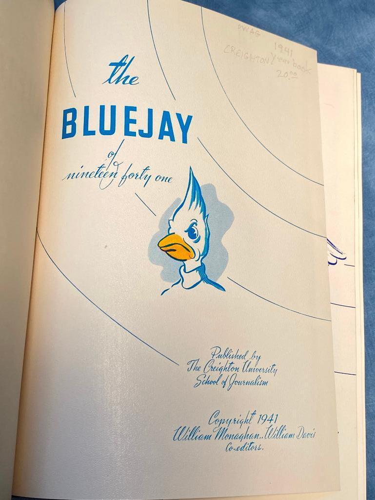 1941 Creighton University Yearbook w/ Beautiful Embossed Bluejay and Writing