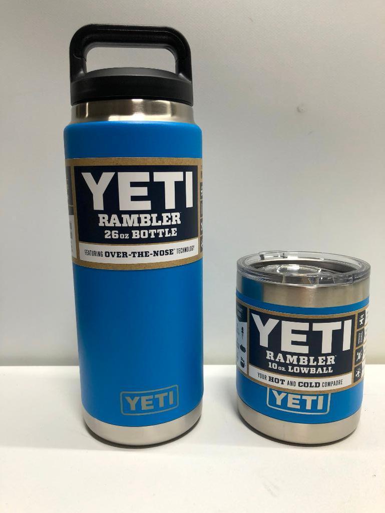 Lot of 2 26oz Yeti Tahoe Blue Bottle Yeti 10oz Tahoe Blue Lowball with lid