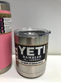 Lot of 2 Yeti 20oz Limited Edition Pink Tumbler and Yeti 10oz Yeti Stainless Steel Lowball