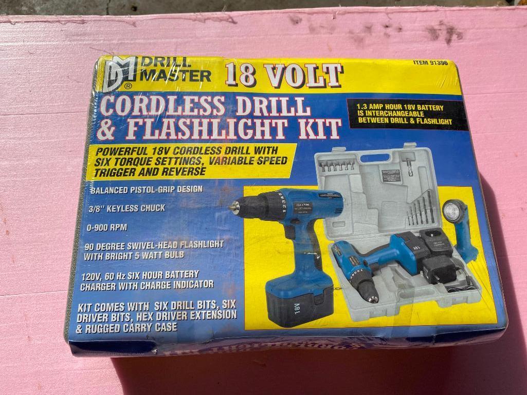 Brand New Drill Master 18 Volt Cordless Drill and Flashlight Kit
