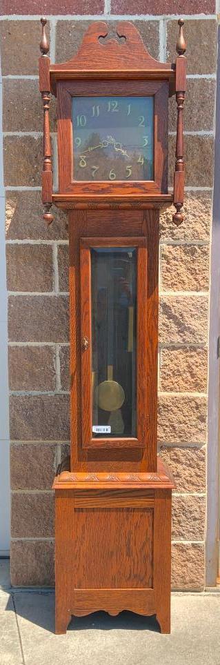 Grand Father Clock, Oak, 7'2" Tall, Mission Style, Brass Weight Driven