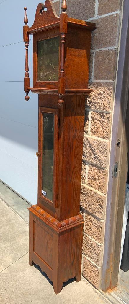 Grand Father Clock, Oak, 7'2" Tall, Mission Style, Brass Weight Driven