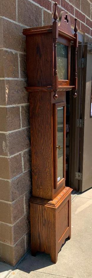 Grand Father Clock, Oak, 7'2" Tall, Mission Style, Brass Weight Driven