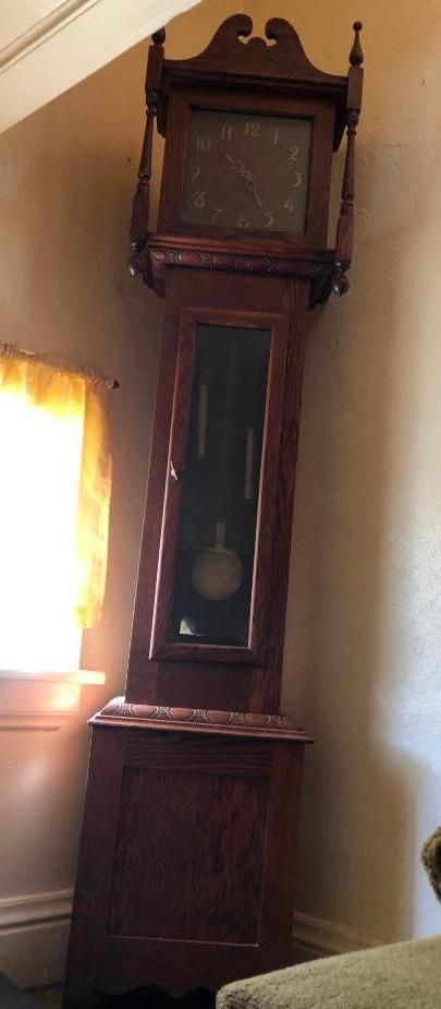 Grand Father Clock, Oak, 7'2" Tall, Mission Style, Brass Weight Driven