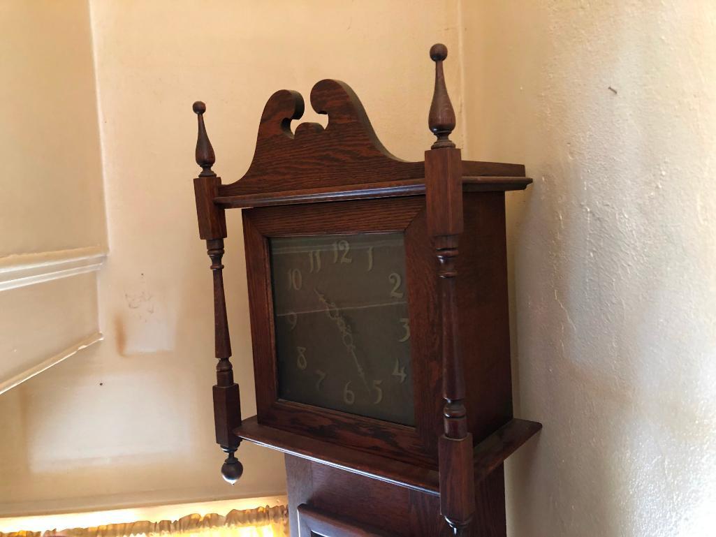 Grand Father Clock, Oak, 7'2" Tall, Mission Style, Brass Weight Driven