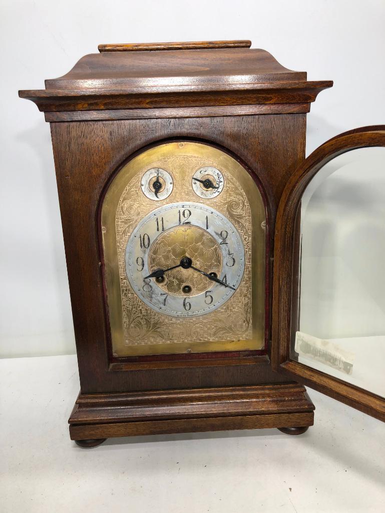 Gustav Becker 17.5"x11.5" Walnut Case Carriage Clock, Fancy Brass Dial, Beveled Glass Door