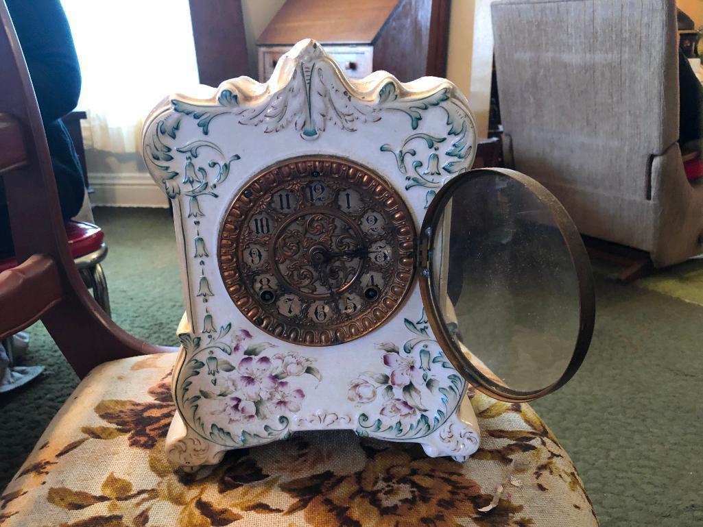 Ansonia Porcelain (Chipped), Brass Dial, Mantle Clock