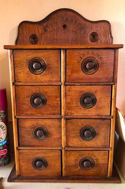 Pine Spice Cabinet with Labels and 8 Drawers