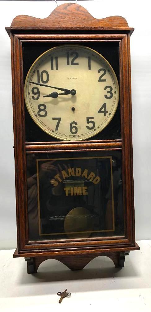 New Haven Standard Time, Time Only Clock 13" Dial, Oak Case 36"x75"