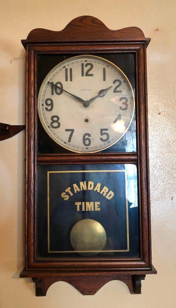 New Haven Standard Time, Time Only Clock 13" Dial, Oak Case 36"x75"