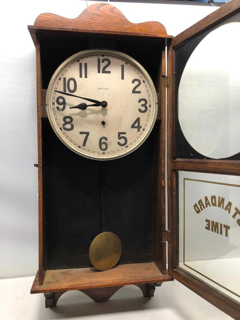 New Haven Standard Time, Time Only Clock 13" Dial, Oak Case 36"x75"