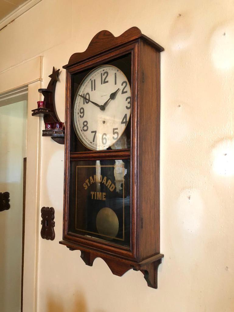 New Haven Standard Time, Time Only Clock 13" Dial, Oak Case 36"x75"