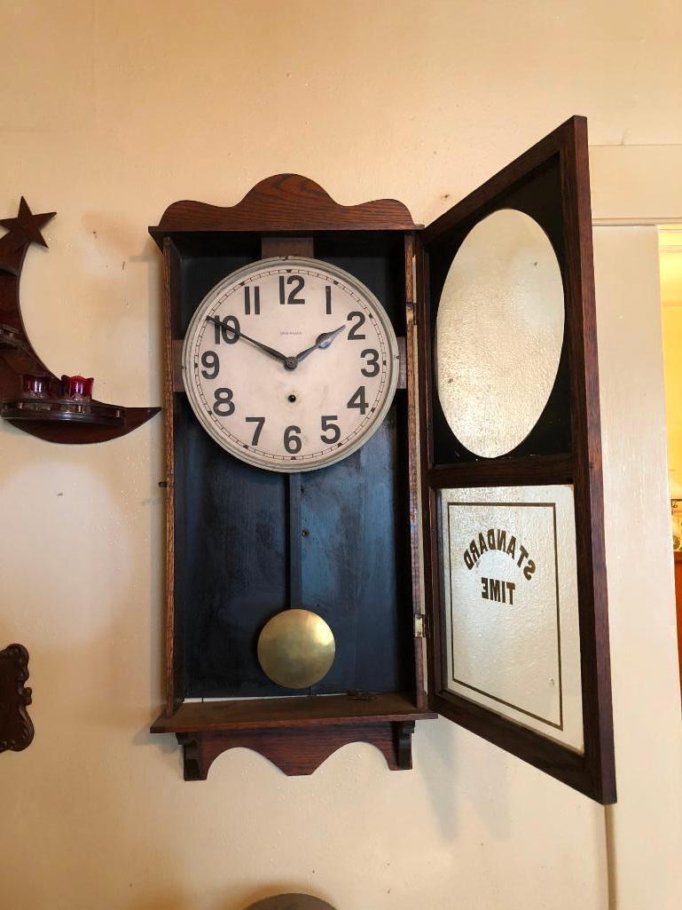 New Haven Standard Time, Time Only Clock 13" Dial, Oak Case 36"x75"