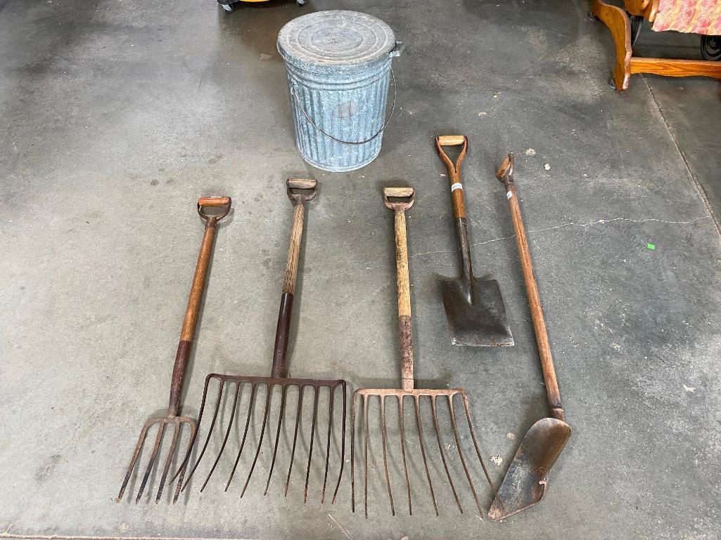 Antique Garden Tools, Galvanized Trash Can, Cob Fork, Hay Forks, Shovel