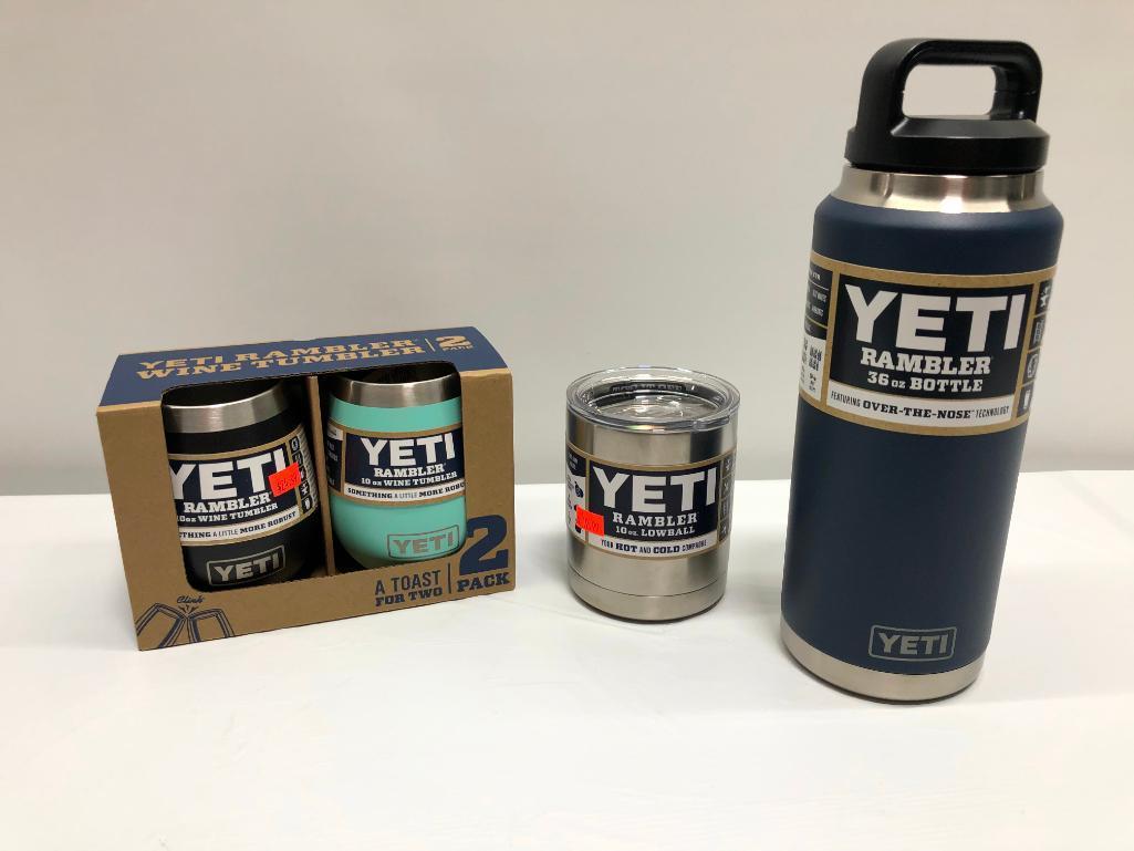 4 Items, (2) Yeti Wine Tumblers, 36oz Bottle, 10oz Lowball