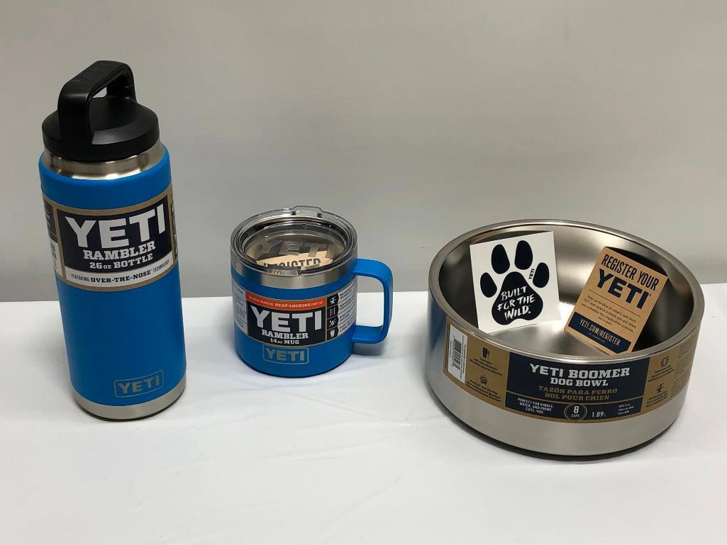 3 Items, Yeti Boomer 8 Dog Bowl Stainless Steel, Tahoe Blue 26oz Bottle, 14oz Mug