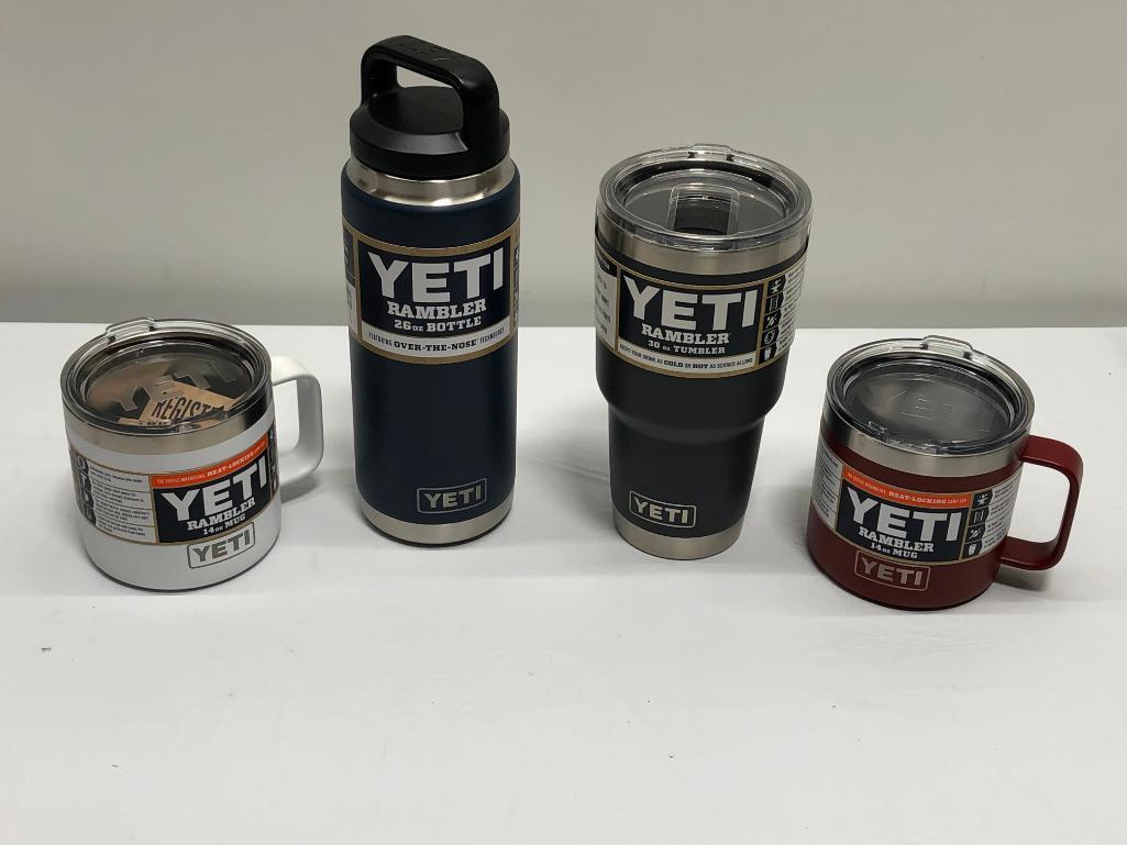 4 Items, Yeti Ramble 26oz Navy, Rambler Tumble 30oz Charcoal, Ramble 14oz Mug