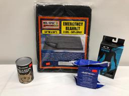 4 Items: MIL-Spec Emergency Blanket 84in x 54in, MRE Bacon & Bar Ration, Oakley Boxers Size L