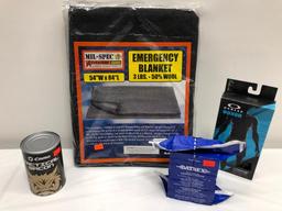 4 Items: MIL-Spec Emergency Blanket 84in x 54in, MRE Bacon & Bar Ration, Oakley Boxers Size L