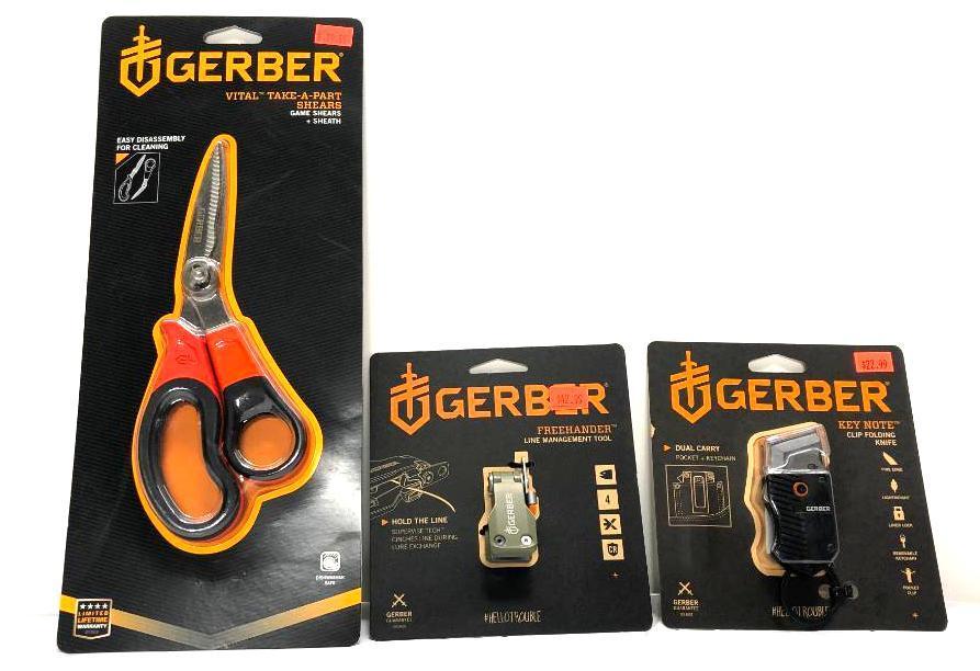 3 Items; Gerber Key Note Clip Folding Knife, Freehander Line Management Tool