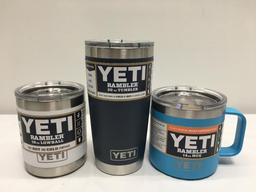 3 Items ; YETI Rambler 10oz Lowball, Rambler 20oz Tumbler, Rambler 14oz Mug, White, Navy , Reef