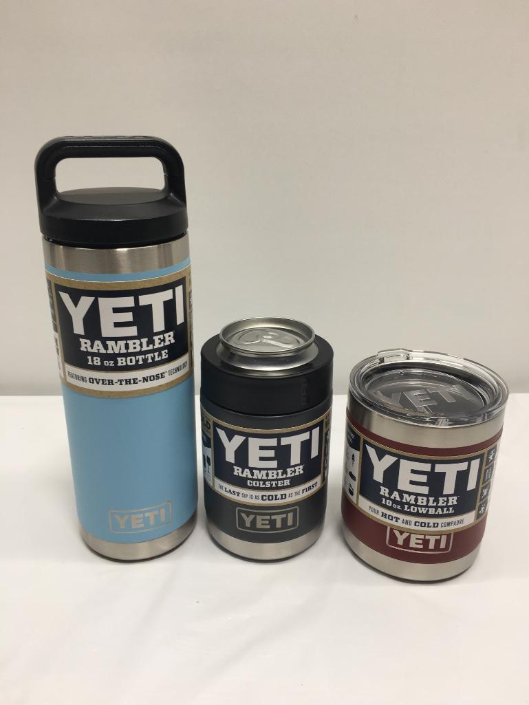 3 Items; YETI Rambler 18oz Bottle, Rambler Colster, Rambler 10oz Lowball, Sky Blue, Charcoal, Brick