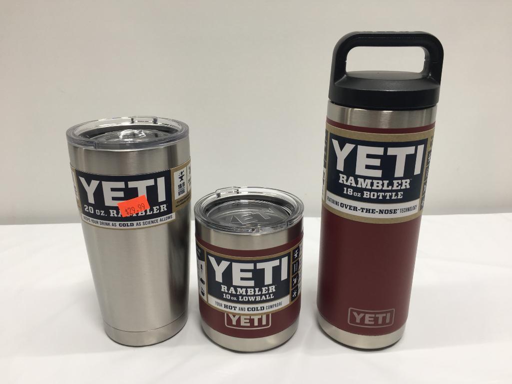 3 Items; YETI Rambler 20oz Tumbler, Rambler 10oz Lowball, Rambler 18oz Bottle, Stainless Steel, Bick