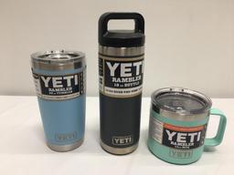 3 Items; YETI Rambler 20oz Tumbler, Rambler 18oz Bottle, Rambler 14oz Mug, Sky Blue, Charcoal