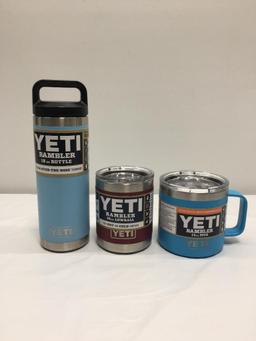 3 Items; YETI Rambler 18oz Bottle, Rambler 10oz Lowball, Rambler 14oz Mug , Sky Blue, Brick Red