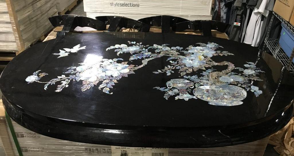 Mother of Pearl Inlaid Black Lacquer Table, Oriental Style
