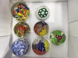 Lot of 7 Glass Blown Paperweights-- Very Intricate Designs