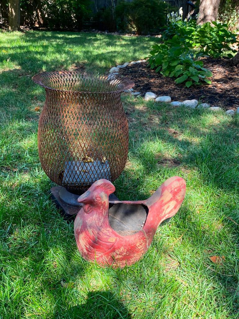 Chicken Planter and 23" Metal Yard Basket