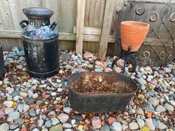 Lot of Three - Cream Can, Cast Iron Tub, and Planter