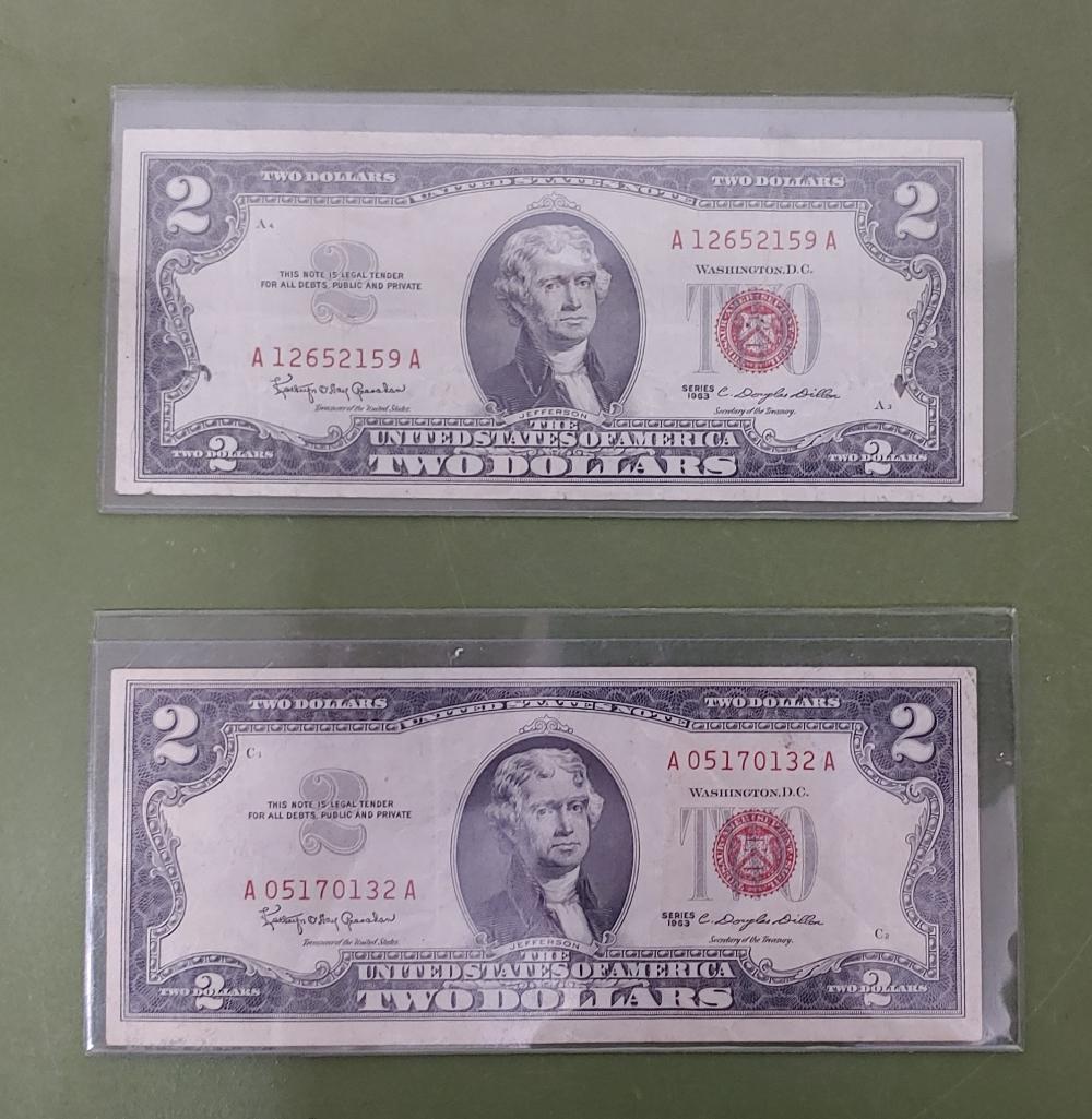 Pair of $2 bills 1963 Red Notes