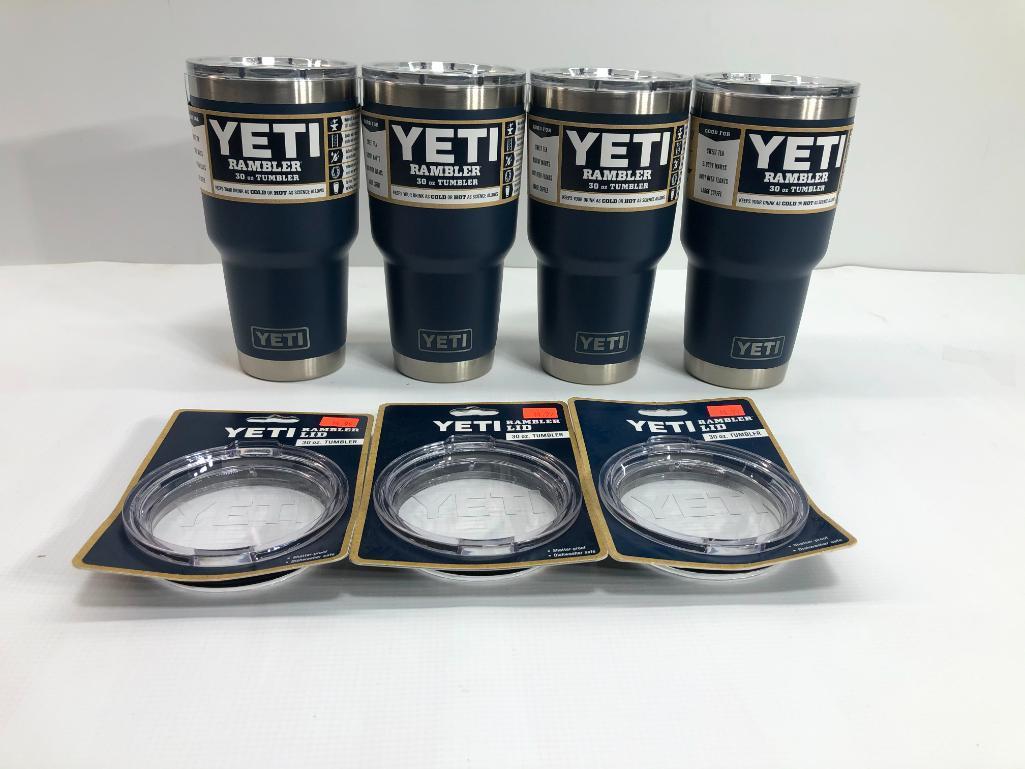 7 Items: YETI, 4 Rambler 30oz Tumbler Navy, 3 Rambler Lid 30oz Tumbler