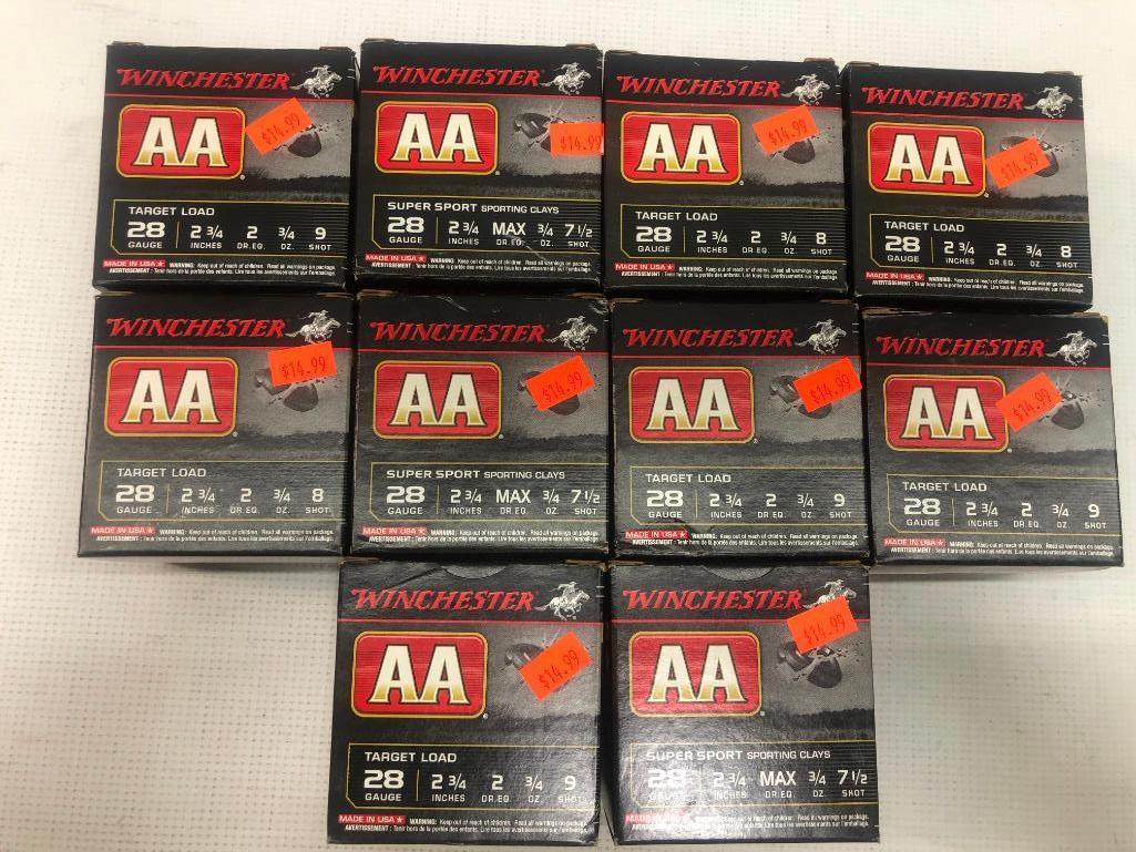 Winchester AA 28ga 2 3/4 Inch 8 Shot Super Sport Shells - 10 Boxes, 250 Total Shells