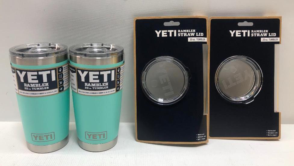 4 Items: YETI Rambler 20oz Tumbler Seafoam, YETI Rambler Straw Lid 20oz Tumbler