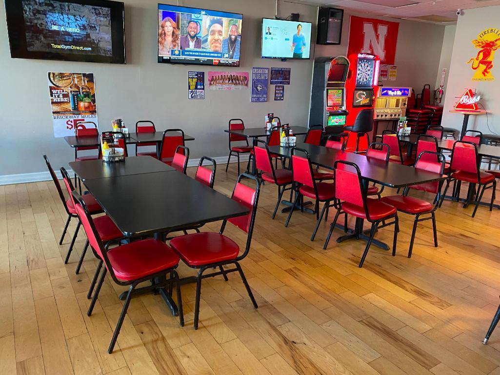 Stack Chairs, Red & Black, Vinyl Cushion, Black Frame, Chair 65 x's/$