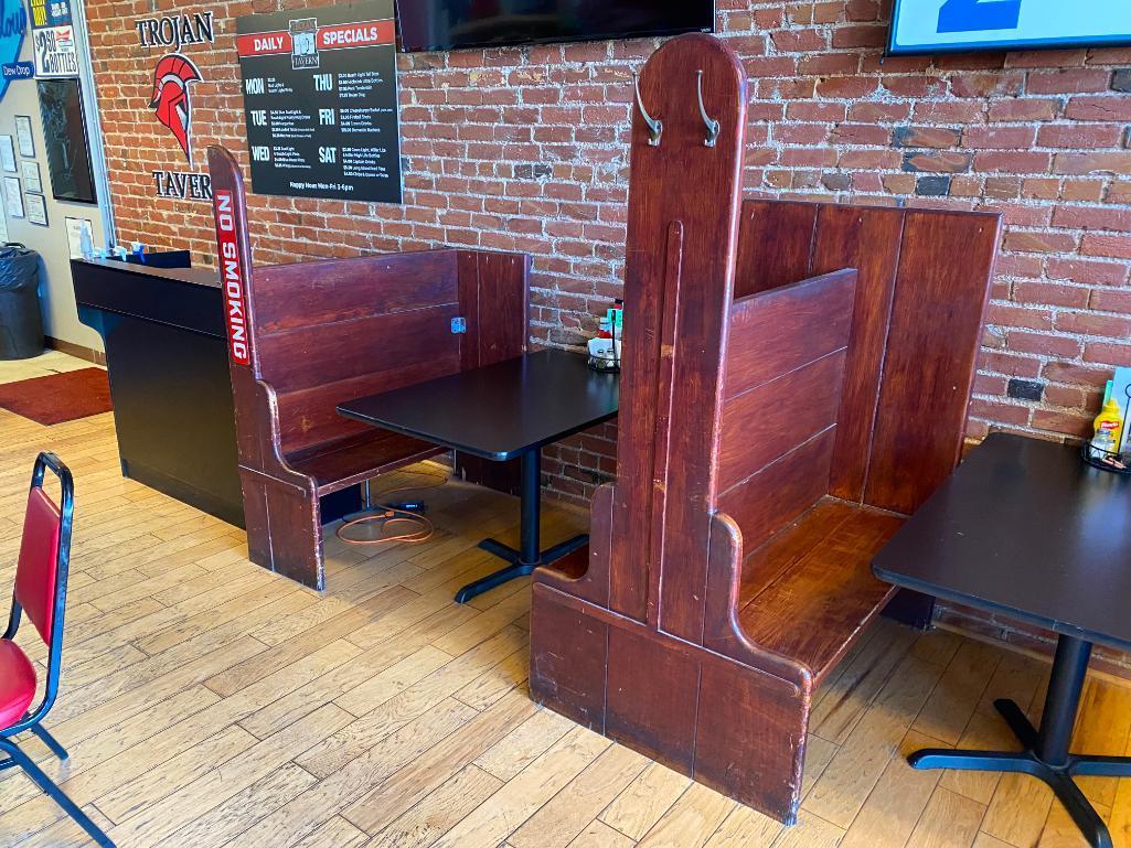 Bank of Distressed Wooden Booths w/ Iron Coat Hangers, 3 Tables