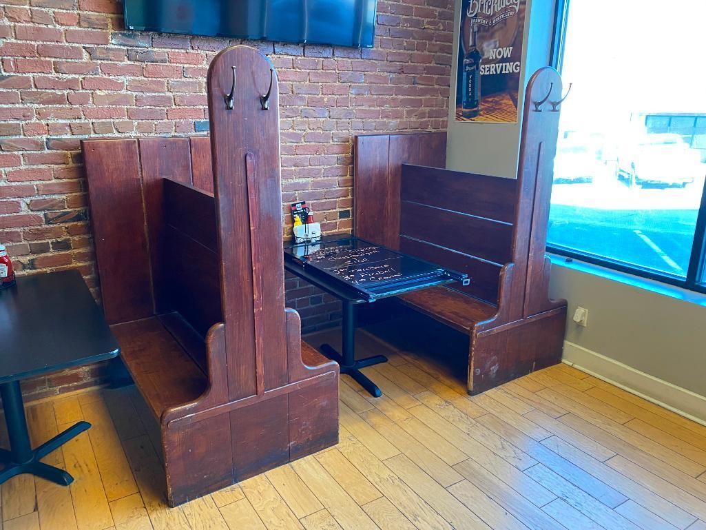 Bank of Distressed Wooden Booths w/ Iron Coat Hangers, 3 Tables