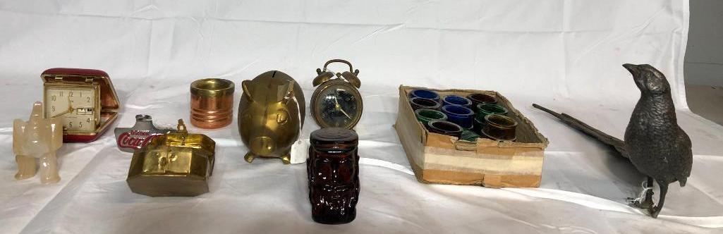 Misc. Vintage Smalls, Travel Alarm Clock, Brass Bank, Shot Glasses, Misc.