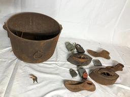 Cast Iron Kettle / Pot w/ Gate Mark, Cast Iron Shoe Horns & Sad Irons