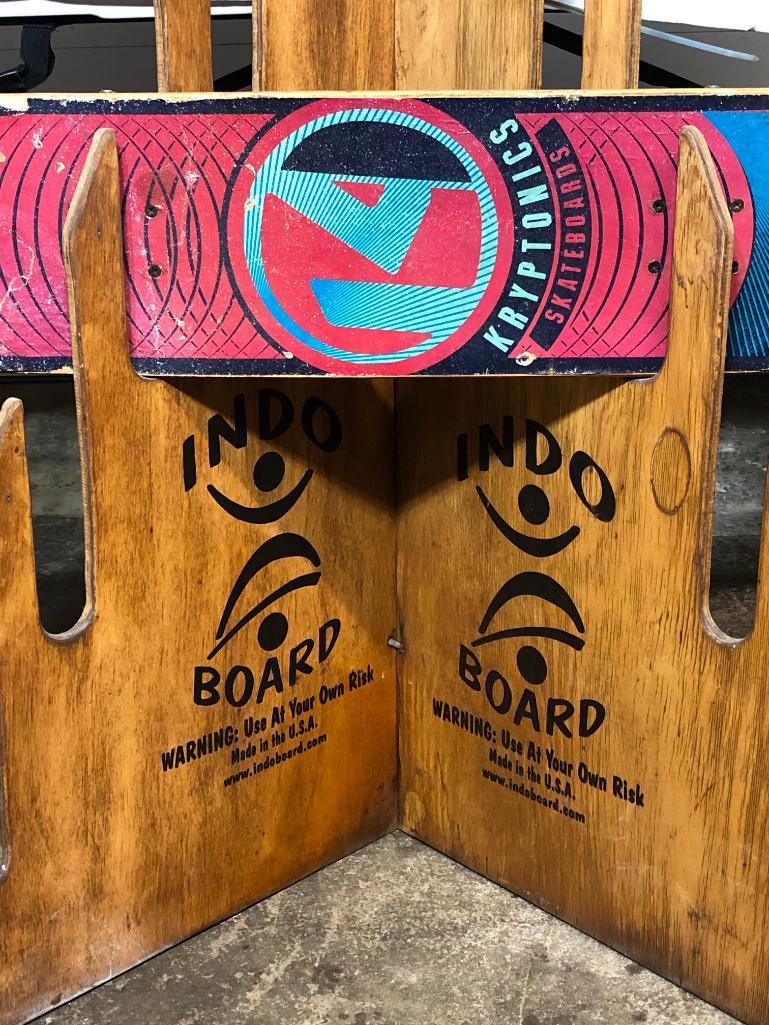INDO Skateboard Store Display Holder and 2 Skate Boards