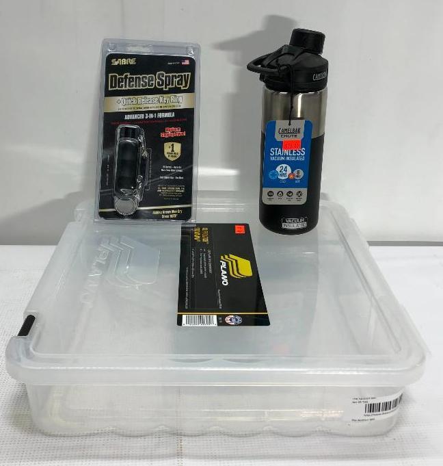 Lot of 3 Items: (1) Plano XL Prolatch Stowaway Storage Box, (1) Sabre Defense Spray w/ Quick Release
