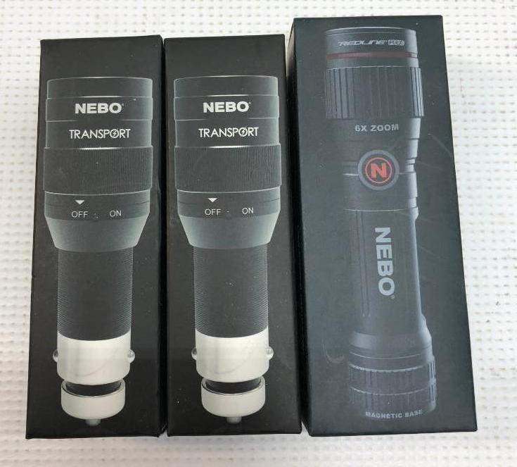 Lot of 3, NEBO Flashlights, (2) Transport (uses 12v car outlet), Redline Flex 6x Zoom