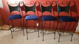 Four Contemporary Bar Stools, Blue Velvet Like Fabric Padded Seat, Iron Framed w/ Foot Rests