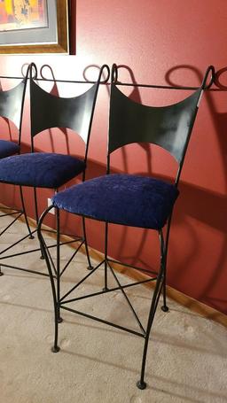 Four Contemporary Bar Stools, Blue Velvet Like Fabric Padded Seat, Iron Framed w/ Foot Rests