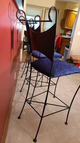 Four Contemporary Bar Stools, Blue Velvet Like Fabric Padded Seat, Iron Framed w/ Foot Rests